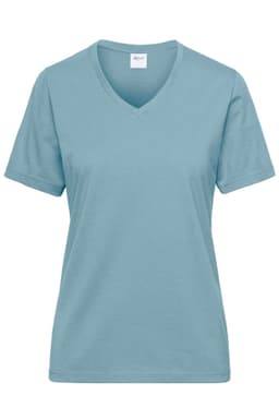 A ladies' v-neck work T-shirt in a soft blue colour, featuring short sleeves and a logo.