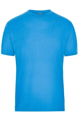 A bright blue men's workwear T-shirt with a simple design and a logo on the label.