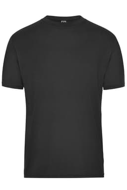 A black men's work t-shirt with a classic fit, featuring a logo on the front. Ideal for workwear.