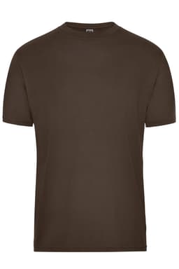 A brown men's workwear T-shirt with a round neckline and short sleeves. Features a branding logo.