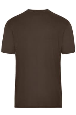 A brown men's t-shirt featuring a plain design and short sleeves, with a logo on the back.