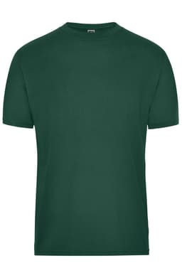 A green men's BIO workwear t-shirt featuring a classic crew neck design and short sleeves. It has a logo detail.