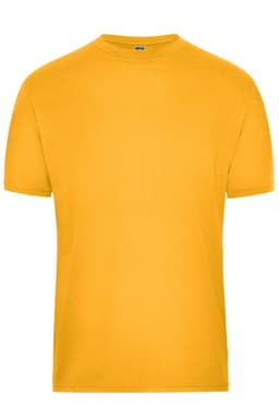 A short-sleeved men's T-shirt in bright yellow, featuring a logo on the chest area.