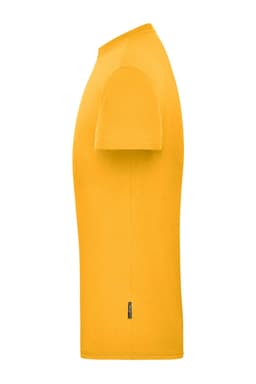 A yellow men's workwear T-shirt displayed from the side, featuring a simple design and a logo.