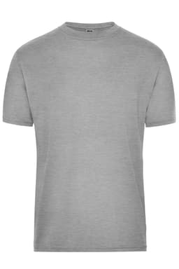 A grey men's T-shirt with a crew neck and short sleeves, featuring a branding logo.