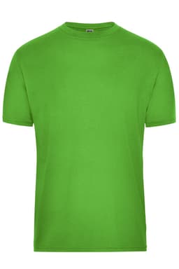 A bright green men's T-shirt, featuring a crew neck and short sleeves. The shirt has a branding logo.