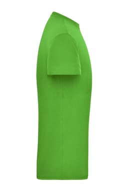 A green men's BIO workwear t-shirt displayed from the side, featuring a simple design and a logo.