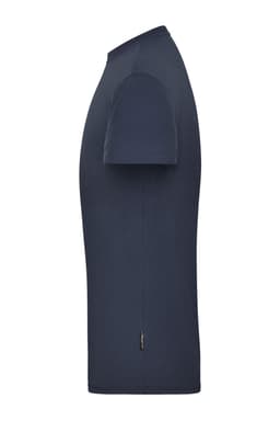 A navy blue men's workwear T-shirt featuring a short sleeve design and a logo.