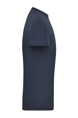 A navy blue men's t-shirt with short sleeves, featuring a logo on the side.