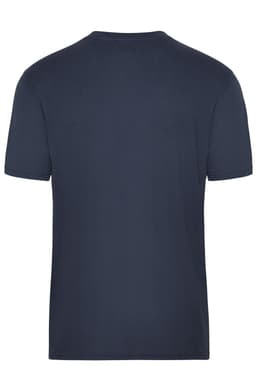A navy blue men's t-shirt featuring a simple, classic design and a logo on the back.