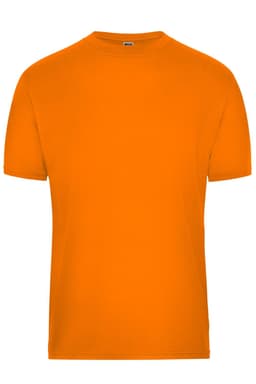 An orange men's workwear t-shirt with a round neckline and short sleeves. It features a logo on the chest.