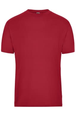A red men's workwear t-shirt featuring a plain design and a crew neck. It has a logo on the label.