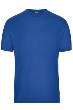 A blue short-sleeved workwear t-shirt with a crew neck and a logo.