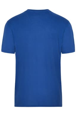 A blue men's t-shirt with a crew neck and short sleeves, featuring a logo on the back.