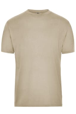 A tan men's work T-shirt featuring a classic crew neck design and short sleeves. It has a logo on the label.