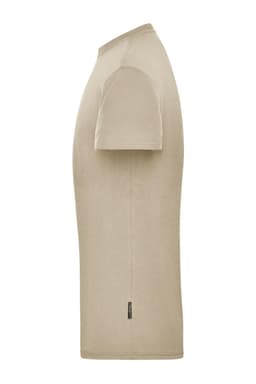 A beige men's workwear T-shirt with short sleeves, featuring a small logo on the hem.