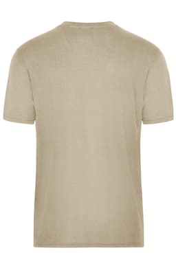 A beige men's T-shirt with a plain design and short sleeves, featuring a logo on the back.