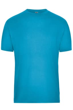 A turquoise mens work t-shirt featuring a regular fit and short sleeves, with a label at the neckline.