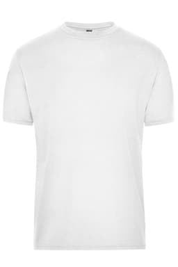 A plain white men's t-shirt with a round neck and short sleeves, featuring a logo. Suitable for workwear.