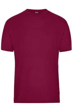 A burgundy men's workwear t-shirt with a classic crew neck and short sleeves, featuring a logo on the label.