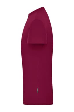 A burgundy men's workwear T-shirt with short sleeves and a side view showing its sleek design. It has a logo.