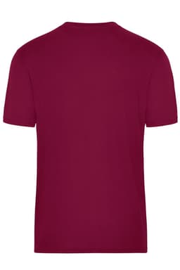 A maroon men's t-shirt with a crew neck and short sleeves. The back view shows a plain design.