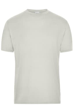 A plain grey short-sleeve T-shirt made of bio-friendly fabric, featuring a logo on the neckline.