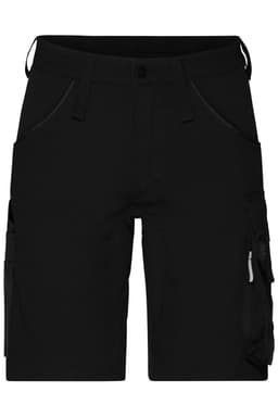 Black stretch bermuda work shorts featuring multiple pockets and a logo. Ideal for workwear applications.