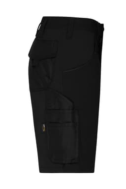 A pair of black work shorts with multiple side pockets and a logo, designed for workwear.