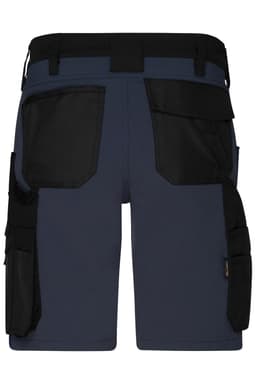Navy work shorts with black accents and multiple pockets, featuring a logo on the waistband.