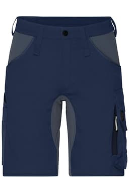 Workwear Stretch-Bermuda in navy, featuring multiple pockets and grey accents, includes a logo on the design.