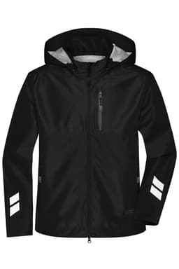 A black hardshell workwear jacket with a hood, featuring reflective details and a zippered front pocket.
