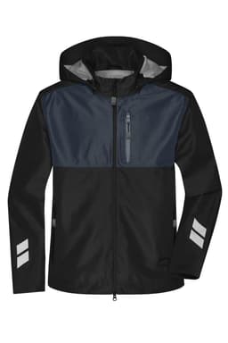 A Hardshell Workwear Jacket in black and navy, featuring a zippered front, hood, and reflective accents.