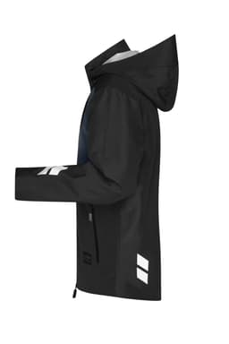 A black hardshell workwear jacket with a hood, featuring reflective detailing and a logo.