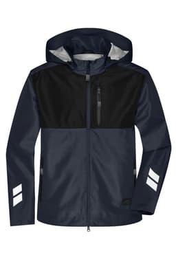 A navy blue workwear jacket with a black panel, featuring reflective stripes and a hood. It includes a zippered pocket.