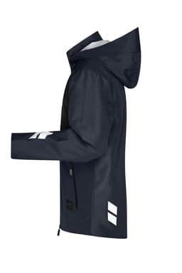 A navy blue hardshell workwear jacket with a hood, featuring a logo on the sleeve and a side zip pocket.