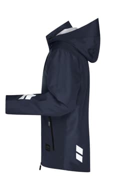 A navy Hardshell Workwear Jacket with a hood and reflective stripes, featuring a zippered front and pockets.
