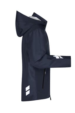 A navy hardshell workwear jacket with a hood, featuring reflective accents and zipped pockets on the sides.