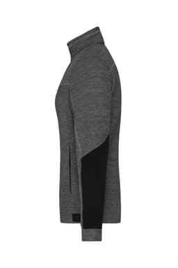 A grey fleece jacket with black sleeves and a high collar, featuring a logo on the side.