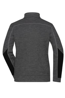 A grey ladies' fleece jacket with black side panels and a high collar, featuring a logo on the back.