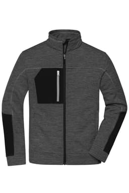 A men's polar fleece jacket in grey with black accents and a front zip pocket, featuring a branding logo.