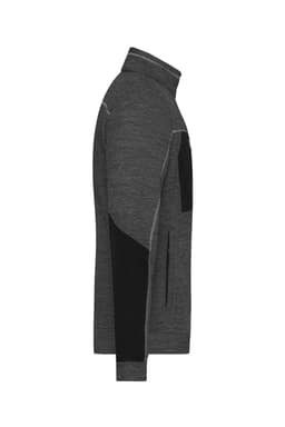 A men's polar fleece jacket in grey with black accents and a zippered pocket, featuring a high collar.