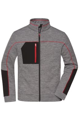 A men's fleece jacket in grey with black accents and red stitching, featuring a zip front and a chest pocket.