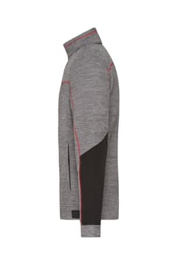A grey and black men's fleece jacket with a high collar and contrasting stitching, featuring a logo.