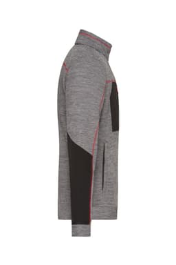 A men's polar fleece jacket in grey with black and red accents, featuring a logo on the front.