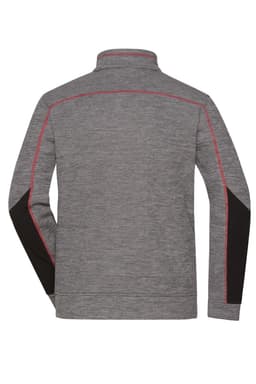 A grey men's polar fleece jacket with black accents and red stitching on the back. It features a high collar and long sleeves.