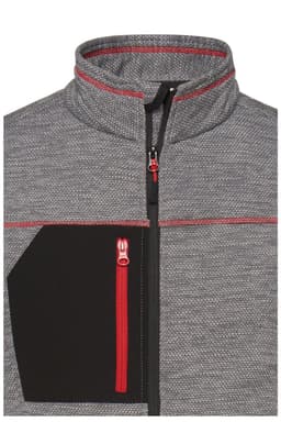 A men's grey fleece jacket featuring a black zippered pocket and red accents on the collar and zippers.