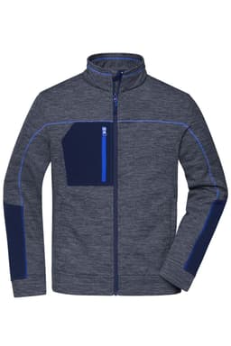 A grey men's fleece jacket featuring a zippered pocket in navy blue and contrasting blue accents. It has a high collar.