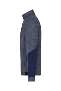 A men's polar fleece jacket displayed in navy blue and grey, featuring a side view with a logo.