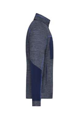 A side view of a men's polar fleece jacket in grey with navy accents and a logo.